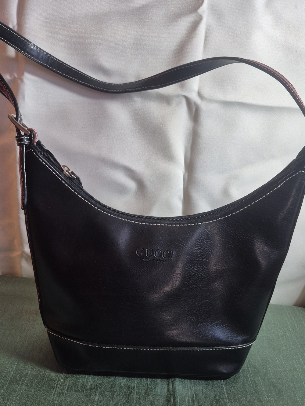 Black Leather Shoulder Bag with White Stitching